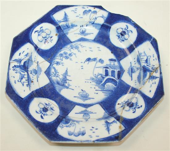 A pair of Bow powder blue ground octagonal plates and a similar smaller, c.1765, 7.75in. & 6.5in., smallest damaged